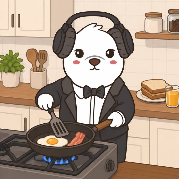 A bear cooking breakfast in a cozy kitchen