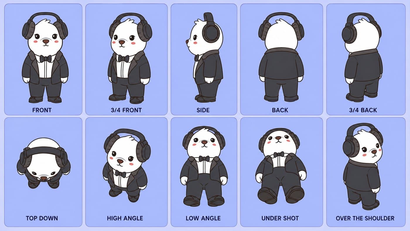 Character reference sheet showing a bear from multiple angles